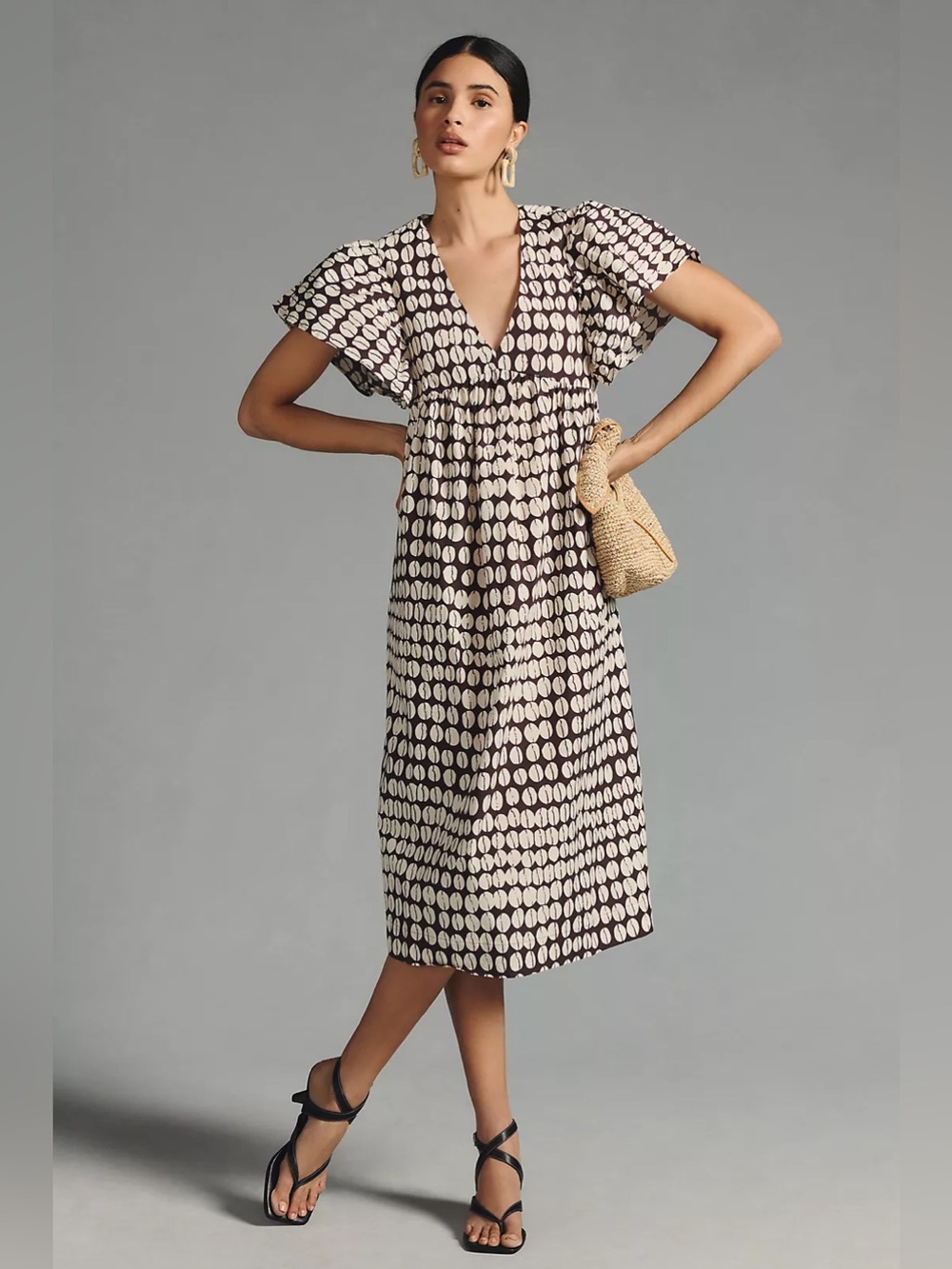Anthropologie Maeve Printed Flutter-Sleeve Cotton Babydoll Midi Dress in Cocoa